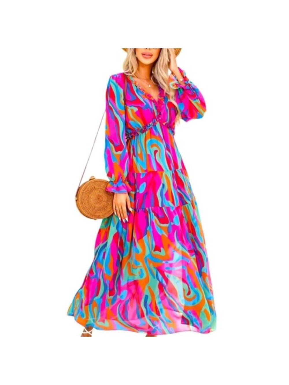 Boutique Pink & Orange Colorful Abstract Art Maxi Dress Size Large